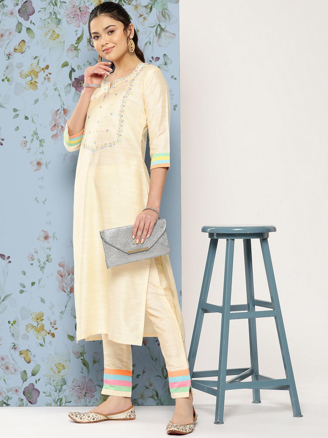 Solid Floral Embroidered Straight Fit Kurta with Pant - Off White - Indiakreations