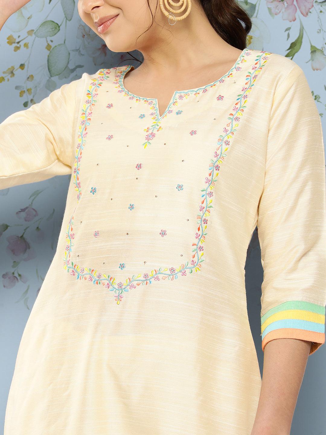 Solid Floral Embroidered Straight Fit Kurta with Pant - Off White - Indiakreations