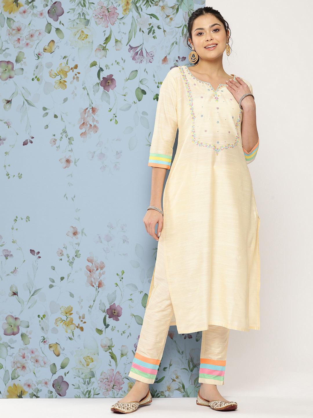 Solid Floral Embroidered Straight Fit Kurta with Pant - Off White - Indiakreations