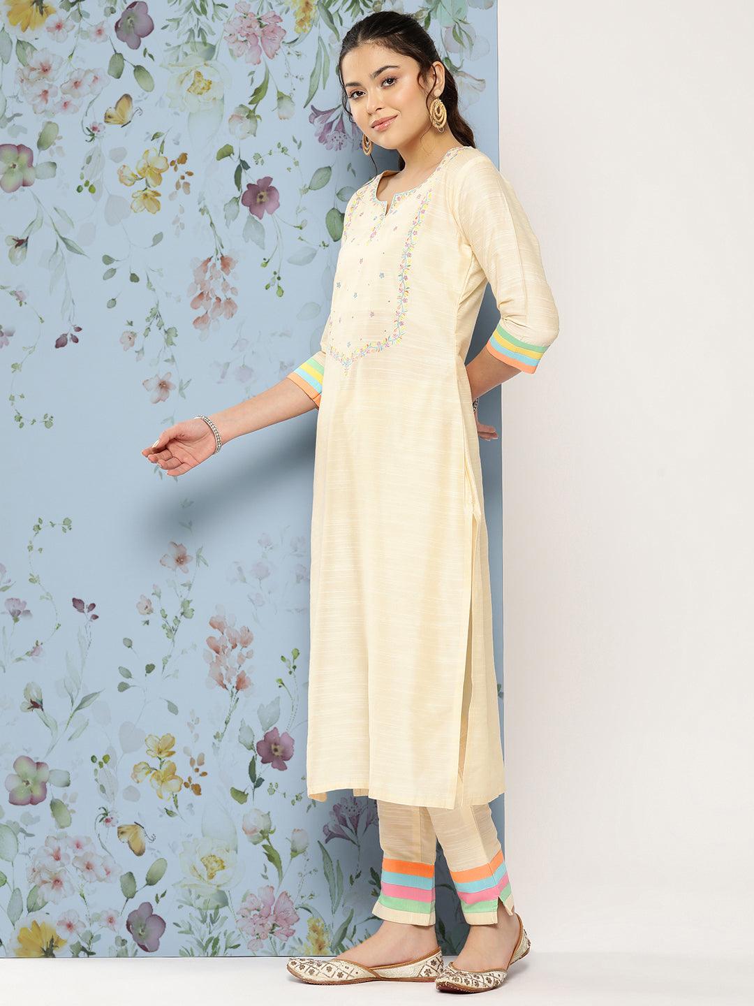 Solid Floral Embroidered Straight Fit Kurta with Pant - Off White - Indiakreations