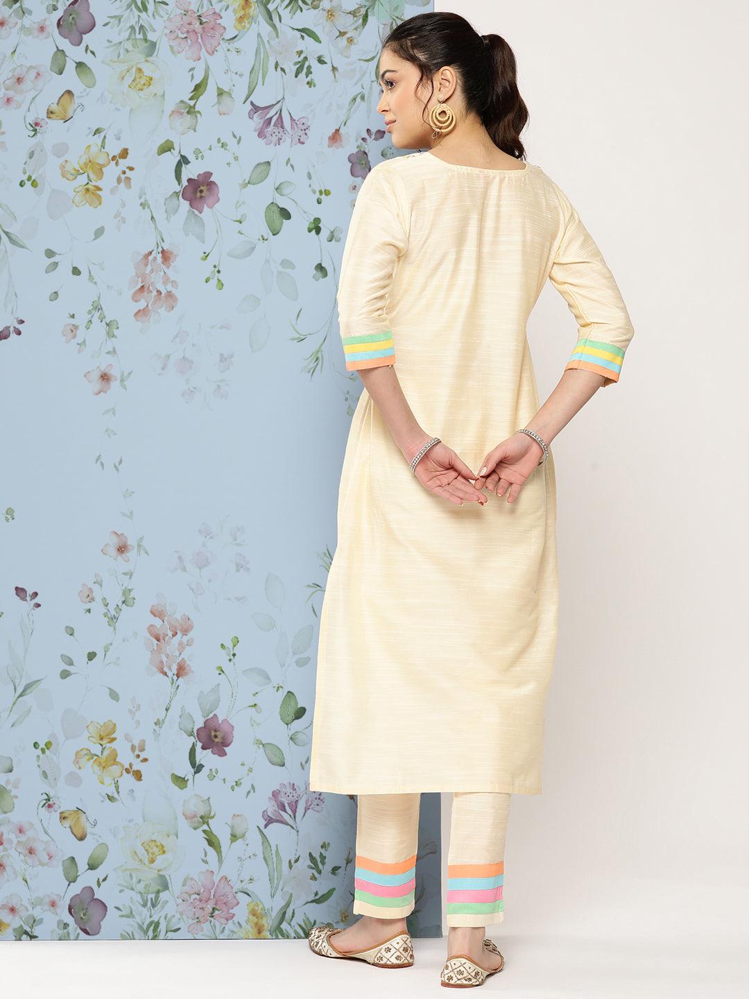 Solid Floral Embroidered Straight Fit Kurta with Pant - Off White - Indiakreations