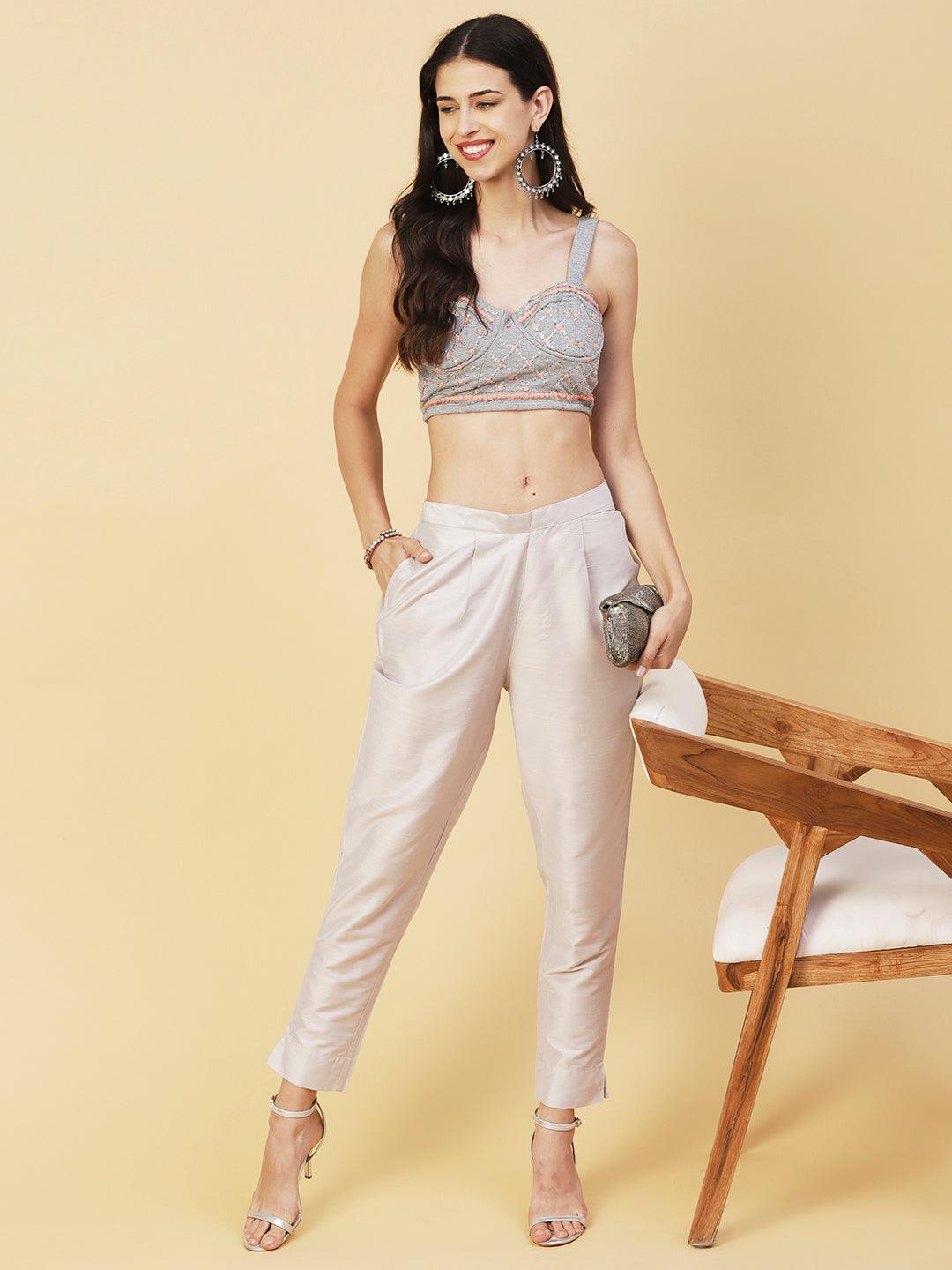 Solid Slub Pants - Grey - Indiakreations