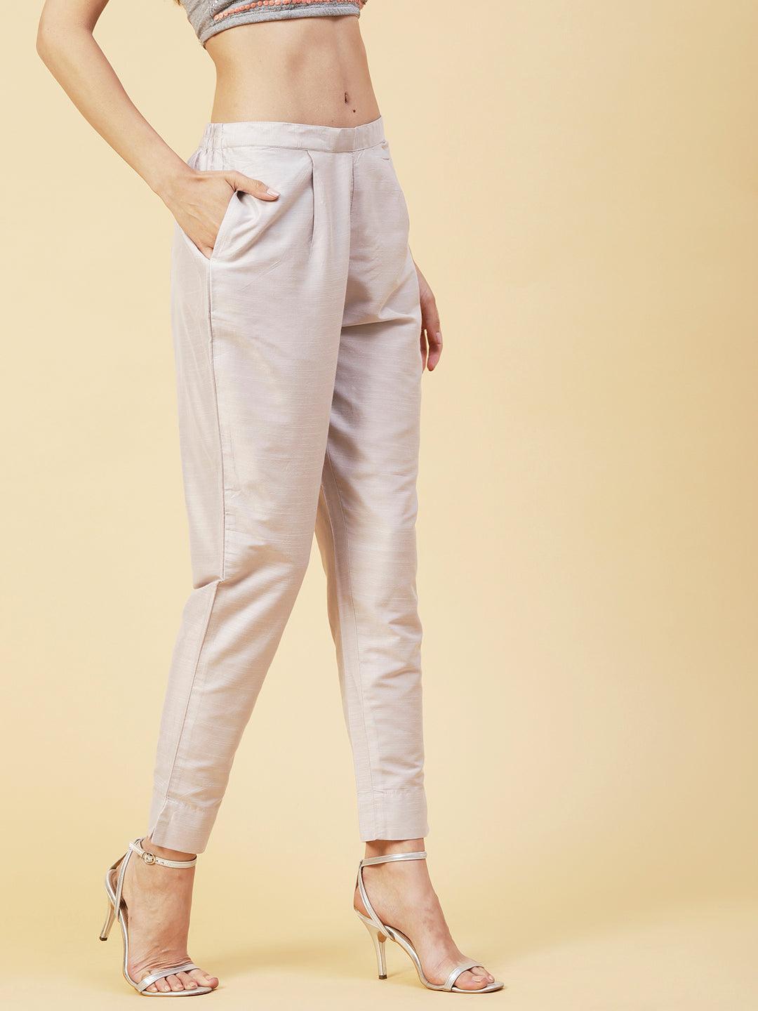 Solid Slub Pants - Grey - Indiakreations