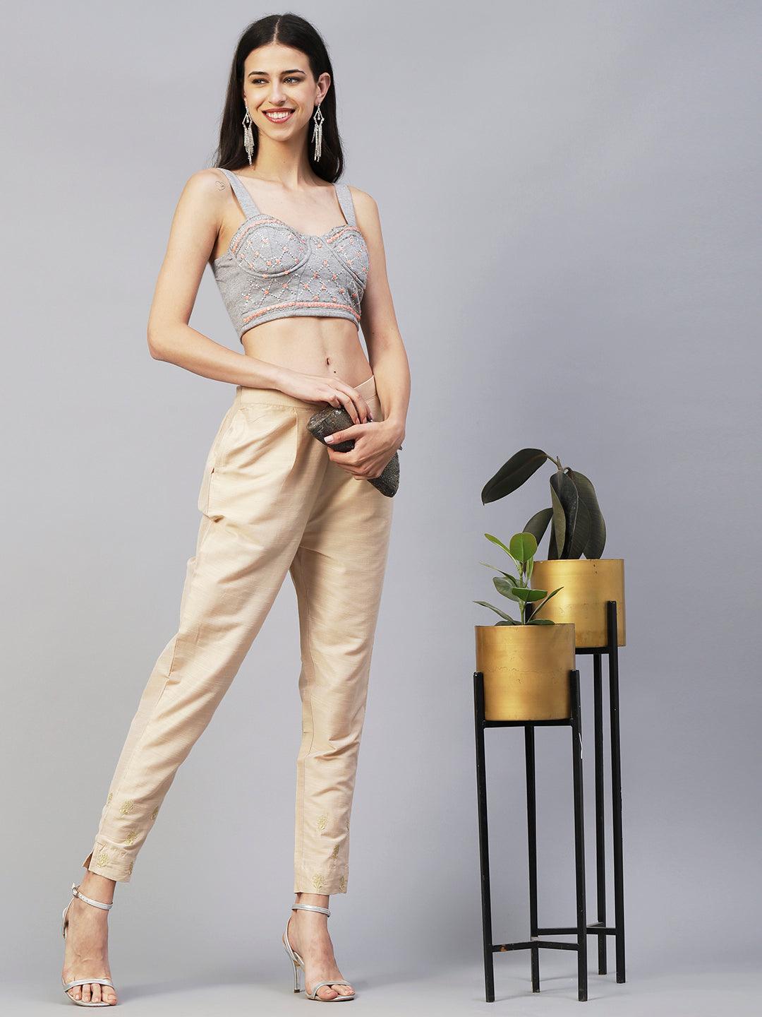 Solid Zari Floral Embroidered Pants - Beige - Indiakreations