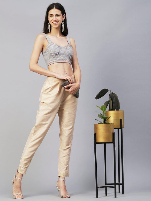 Solid Zari Floral Embroidered Pants - Beige - Indiakreations