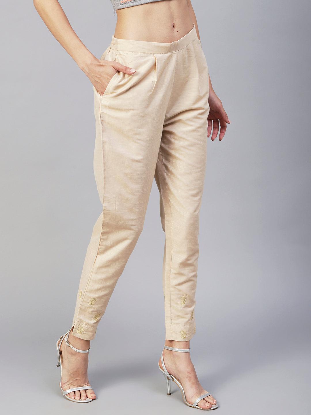 Solid Zari Floral Embroidered Pants - Beige - Indiakreations