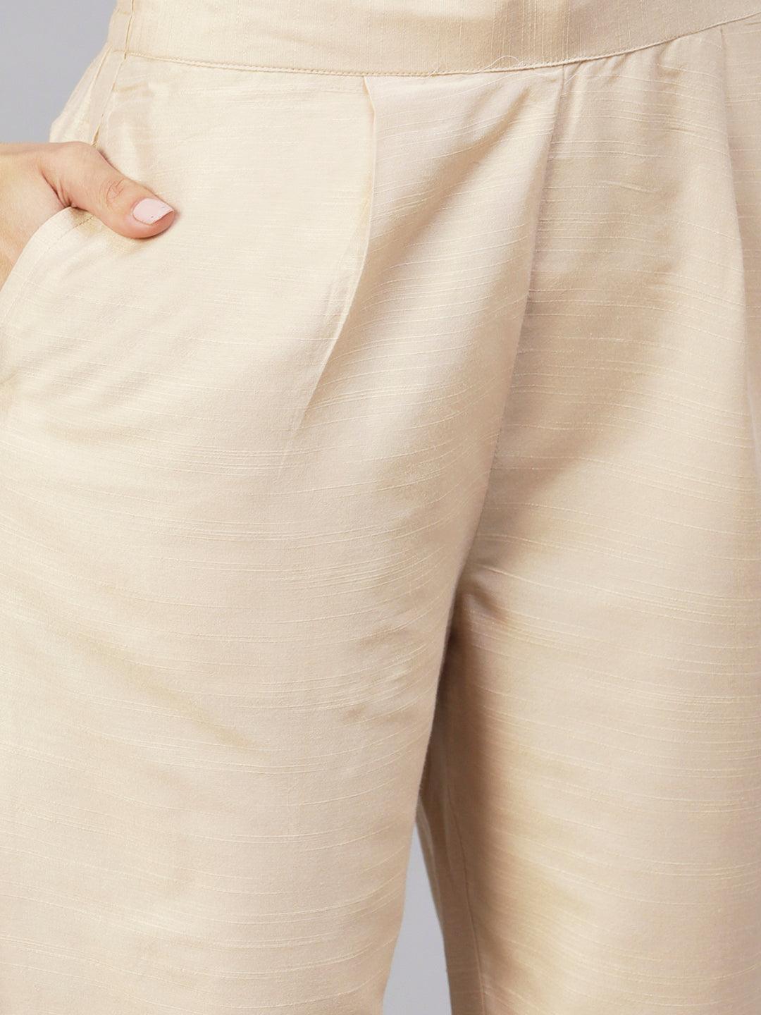 Solid Zari Floral Embroidered Pants - Beige - Indiakreations