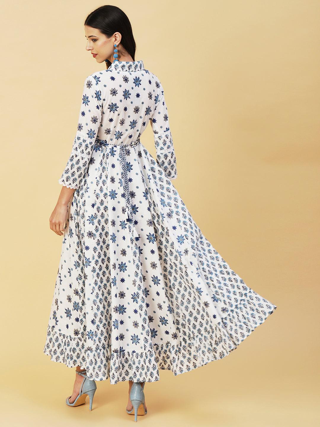 Floral Block Printed Anarkali Maxi Gown With Mirror Embroidered Waist Belt - White & Blue - Indiakreations