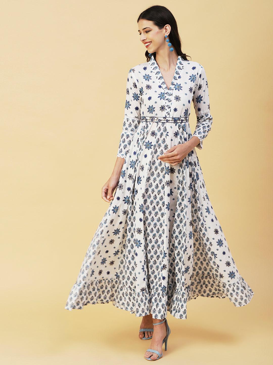 Floral Block Printed Anarkali Maxi Gown With Mirror Embroidered Waist Belt - White & Blue - Indiakreations