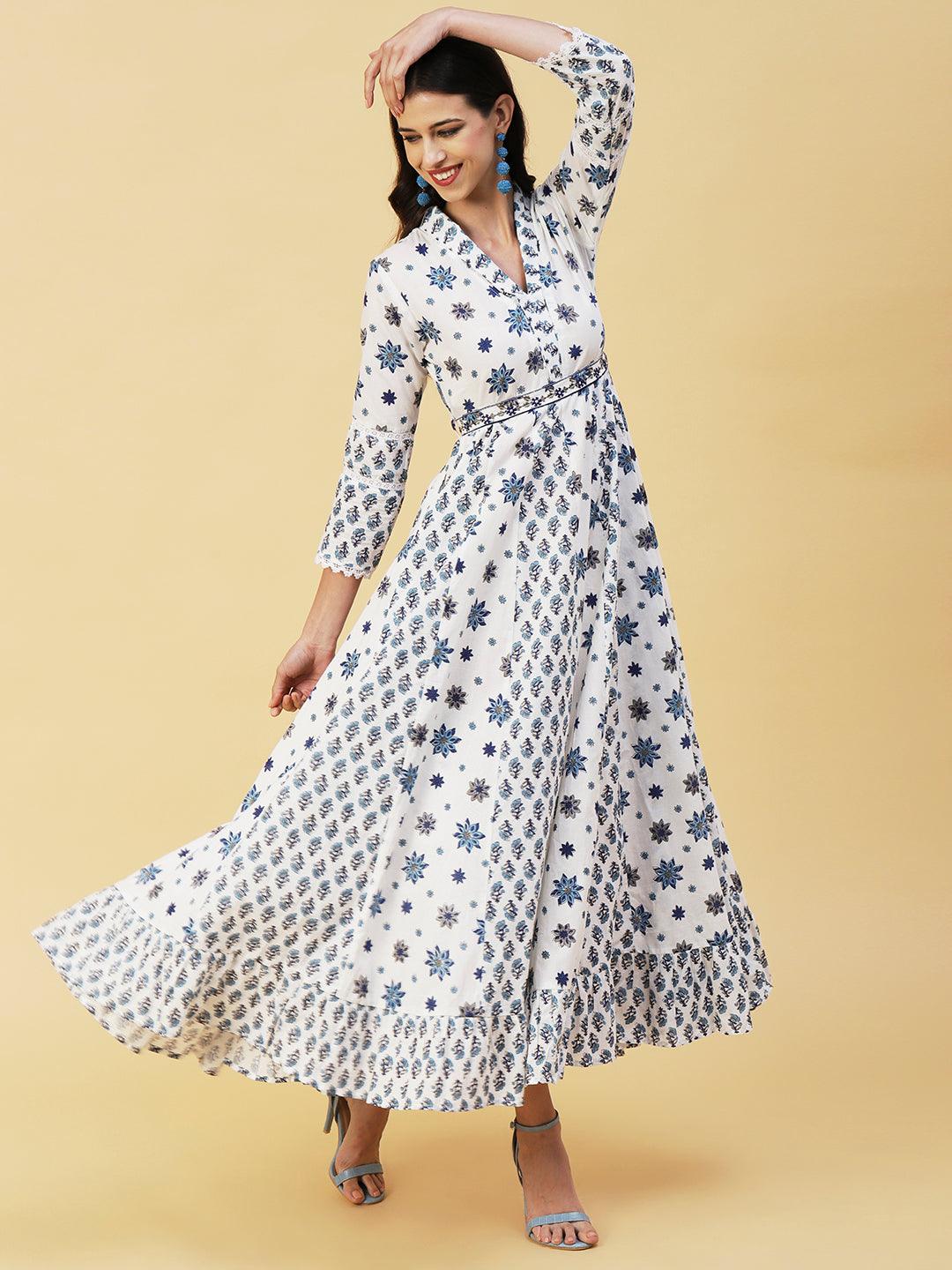 Floral Block Printed Anarkali Maxi Gown With Mirror Embroidered Waist Belt - White & Blue - Indiakreations