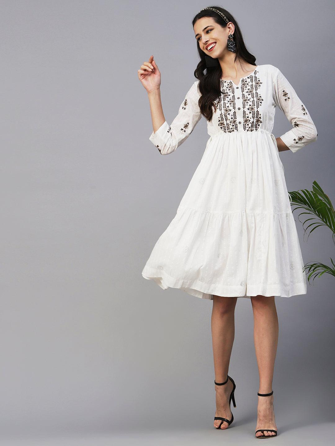 Khari Printed Zari & Resham Embroidered Tiered Midi Dress - White - Indiakreations