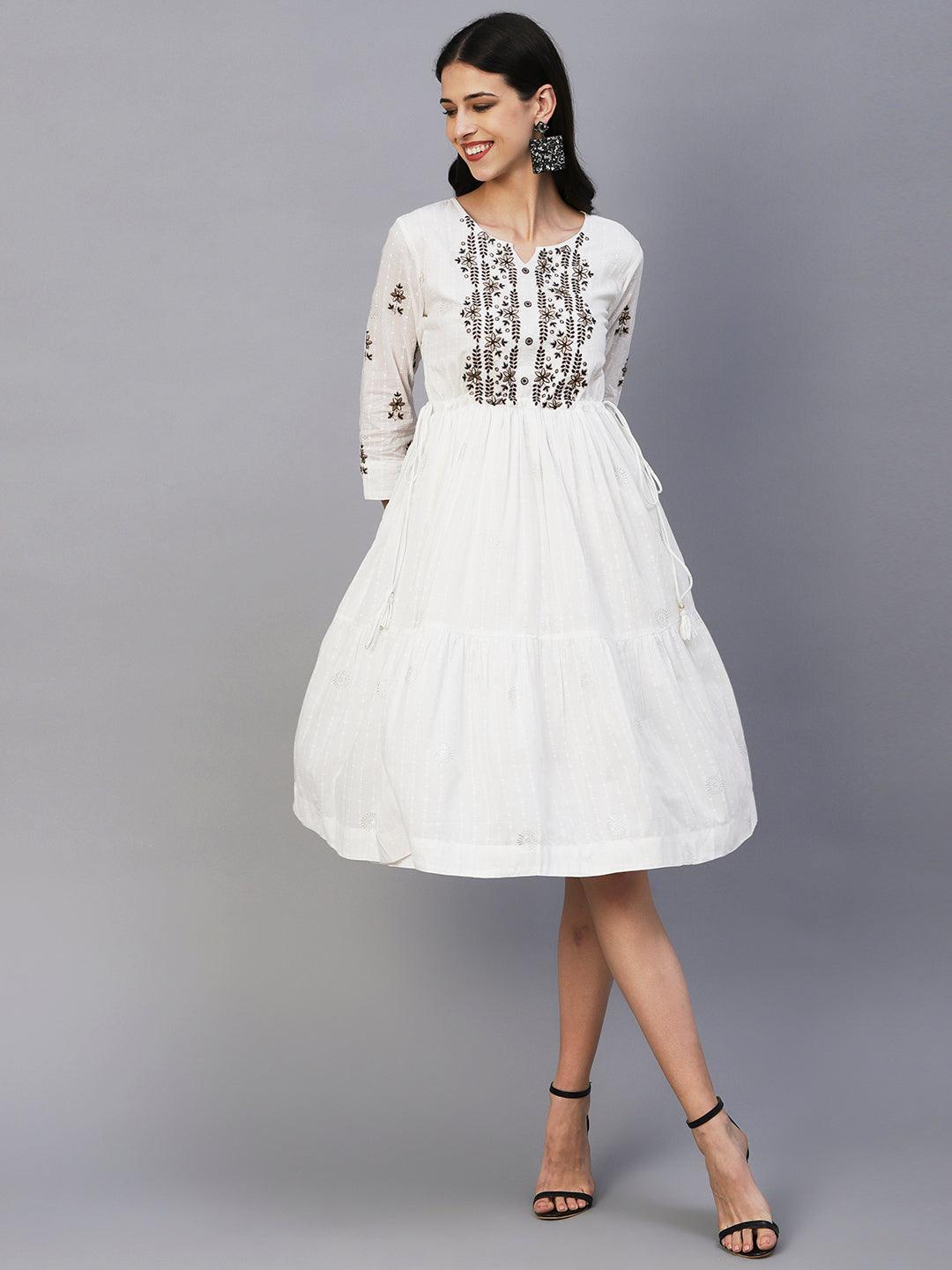 Khari Printed Zari & Resham Embroidered Tiered Midi Dress - White - Indiakreations