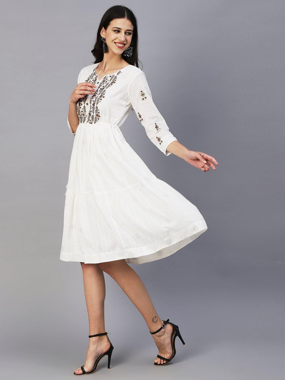 Khari Printed Zari & Resham Embroidered Tiered Midi Dress - White - Indiakreations