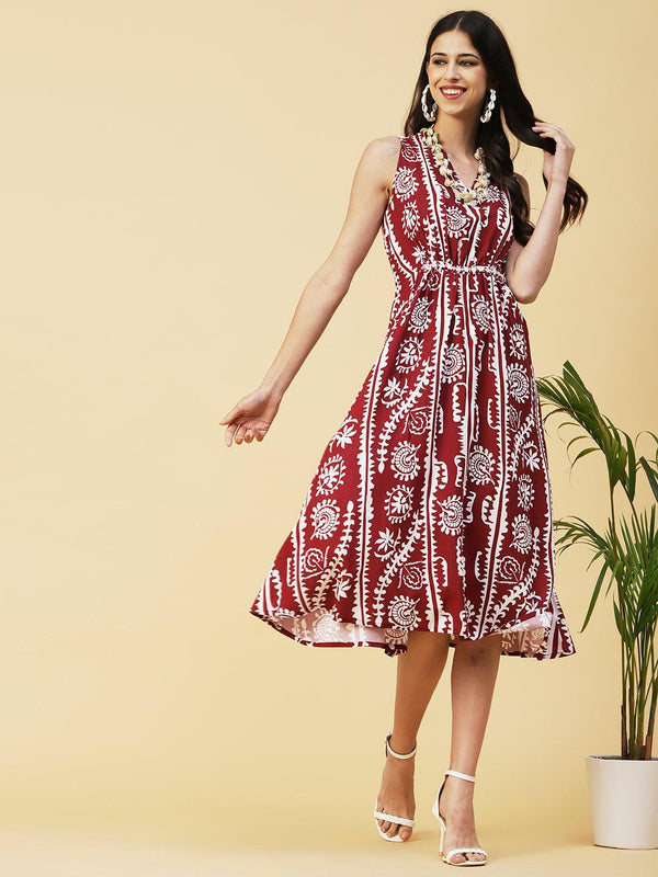 Abstract & Ethnic Printed Sequins Embroidered Pleated Dress - Maroon - Indiakreations