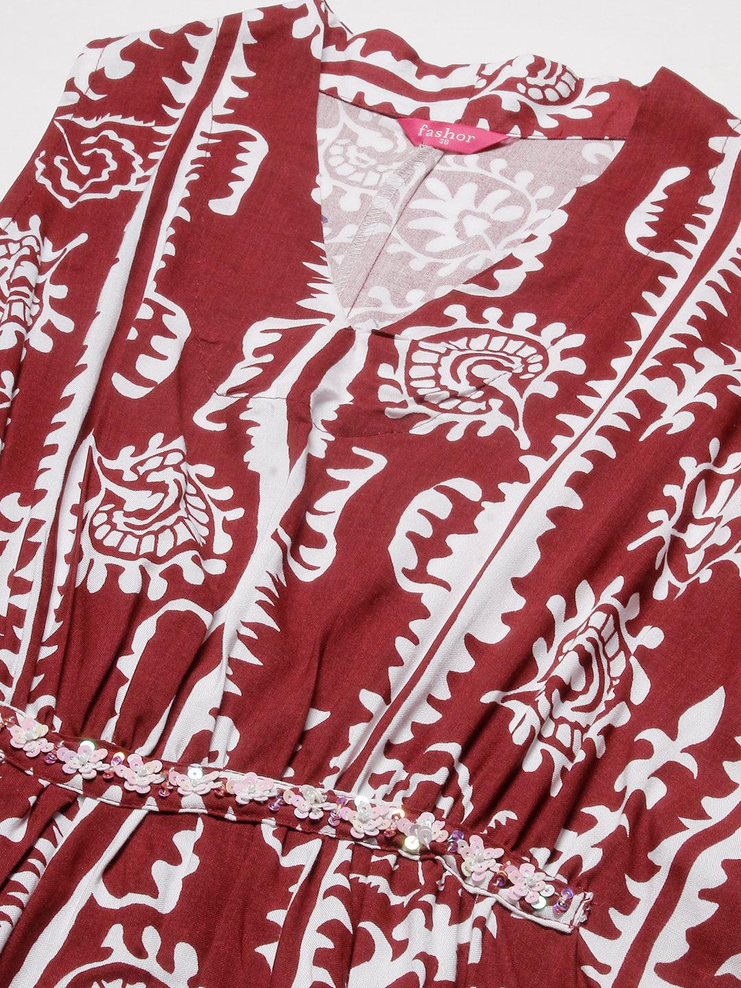 Abstract & Ethnic Printed Sequins Embroidered Pleated Dress - Maroon - Indiakreations