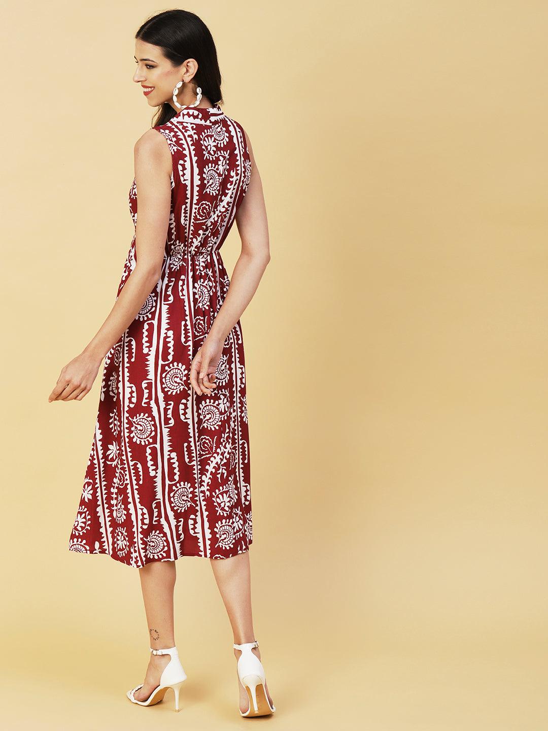 Abstract & Ethnic Printed Sequins Embroidered Pleated Dress - Maroon - Indiakreations