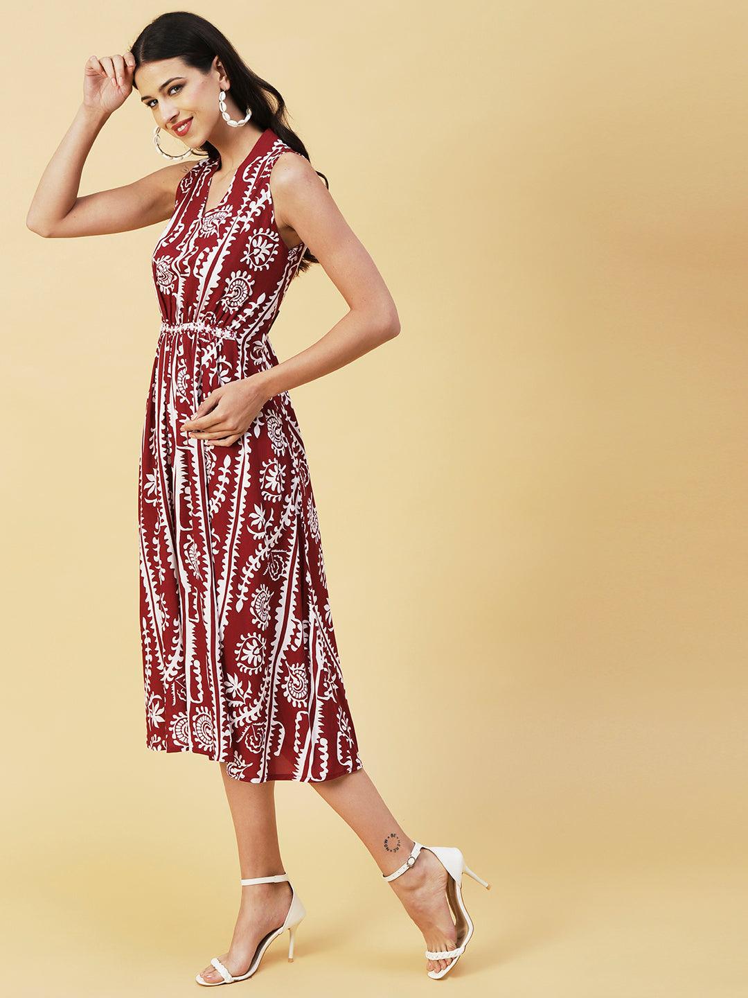 Abstract & Ethnic Printed Sequins Embroidered Pleated Dress - Maroon - Indiakreations