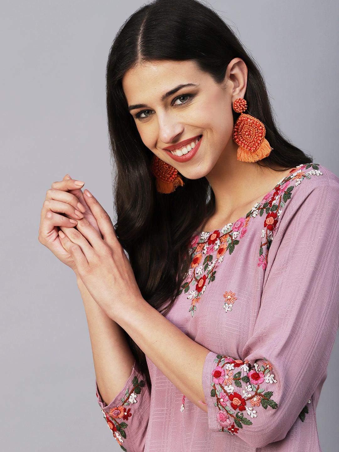 Floral Hand Embroidered Straight Fit Kurta - Lavender - Indiakreations