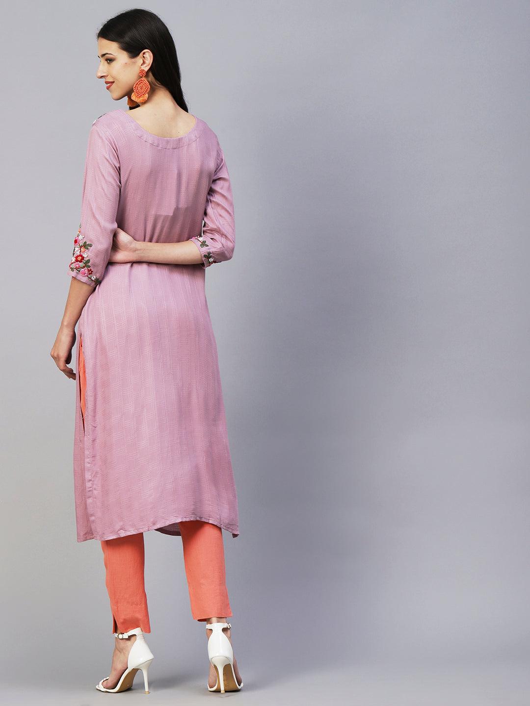 Floral Hand Embroidered Straight Fit Kurta - Lavender - Indiakreations