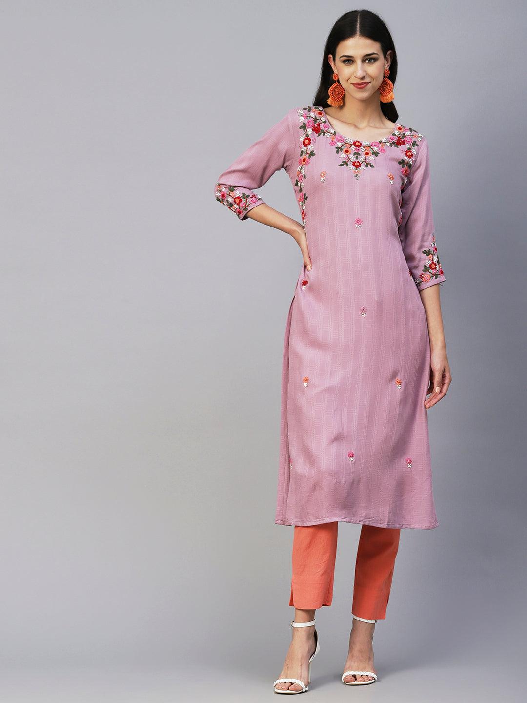 Floral Hand Embroidered Straight Fit Kurta - Lavender - Indiakreations