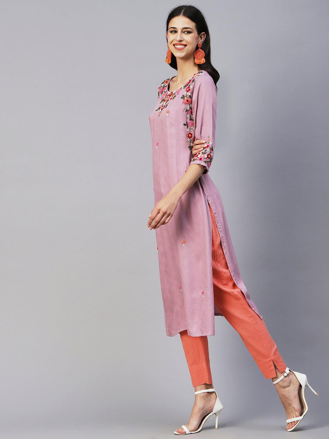 Floral Hand Embroidered Straight Fit Kurta - Lavender - Indiakreations