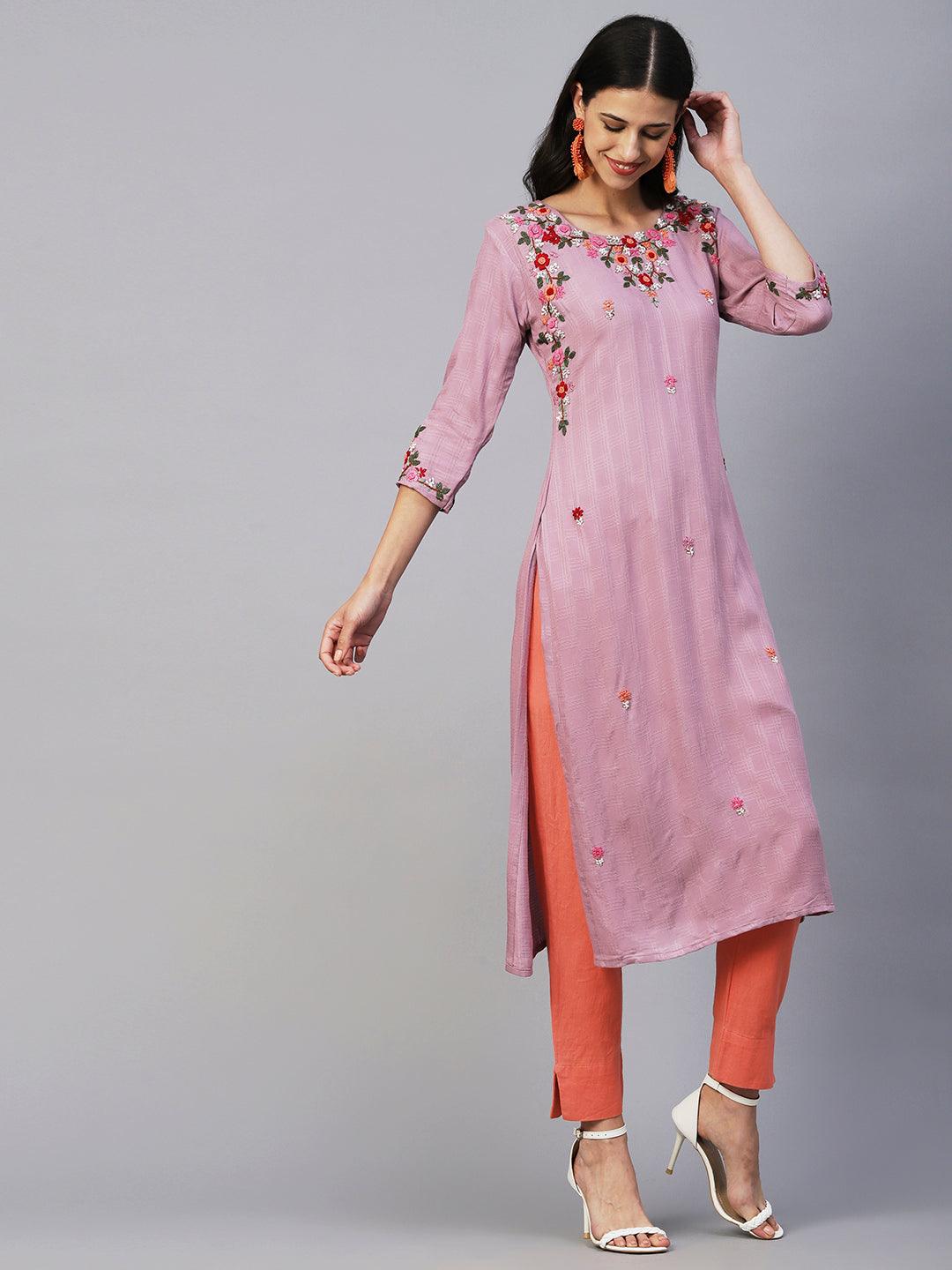 Floral Hand Embroidered Straight Fit Kurta - Lavender - Indiakreations