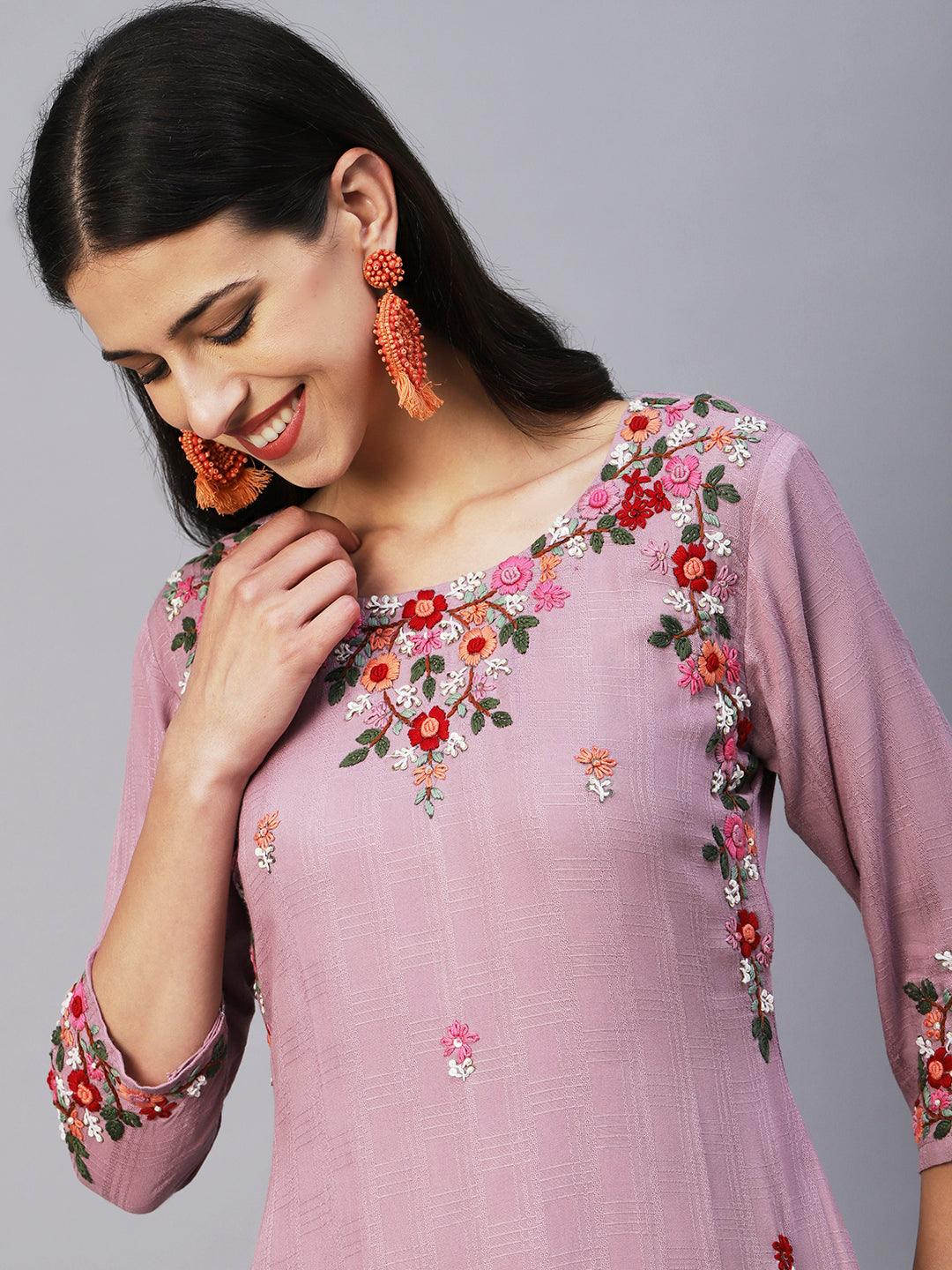 Floral Hand Embroidered Straight Fit Kurta - Lavender - Indiakreations