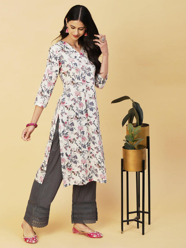 Floral Printed Mirror, Resham & Zari Embroidered Kurta - White - Indiakreations