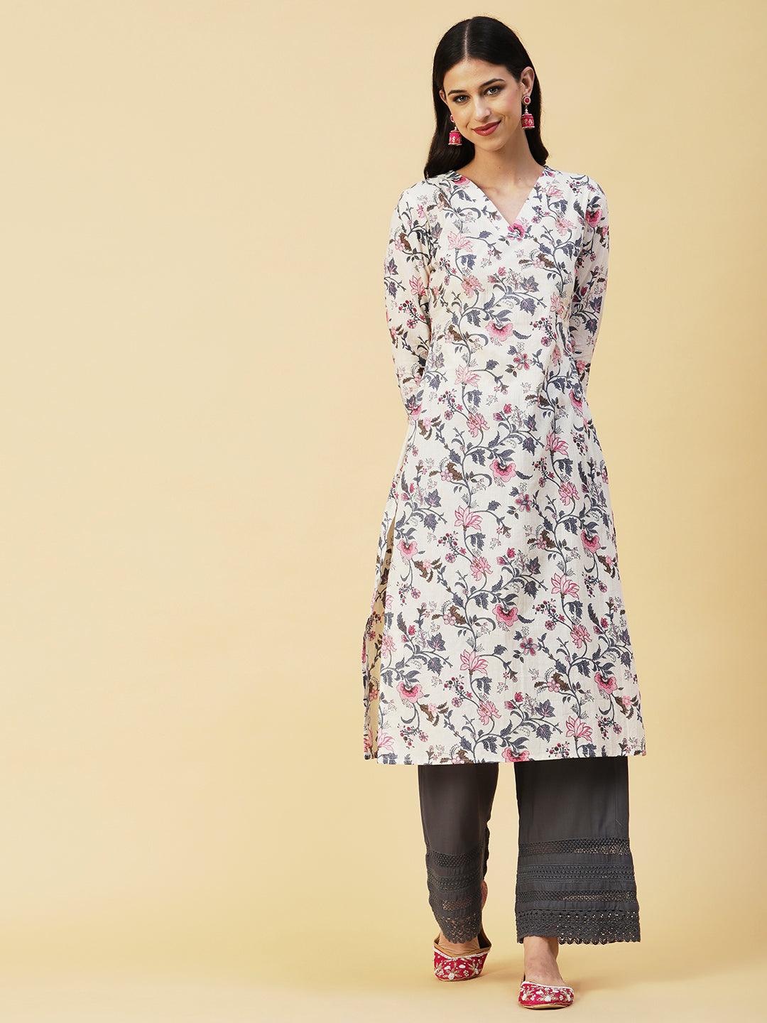 Floral Printed Mirror, Resham & Zari Embroidered Kurta - White - Indiakreations