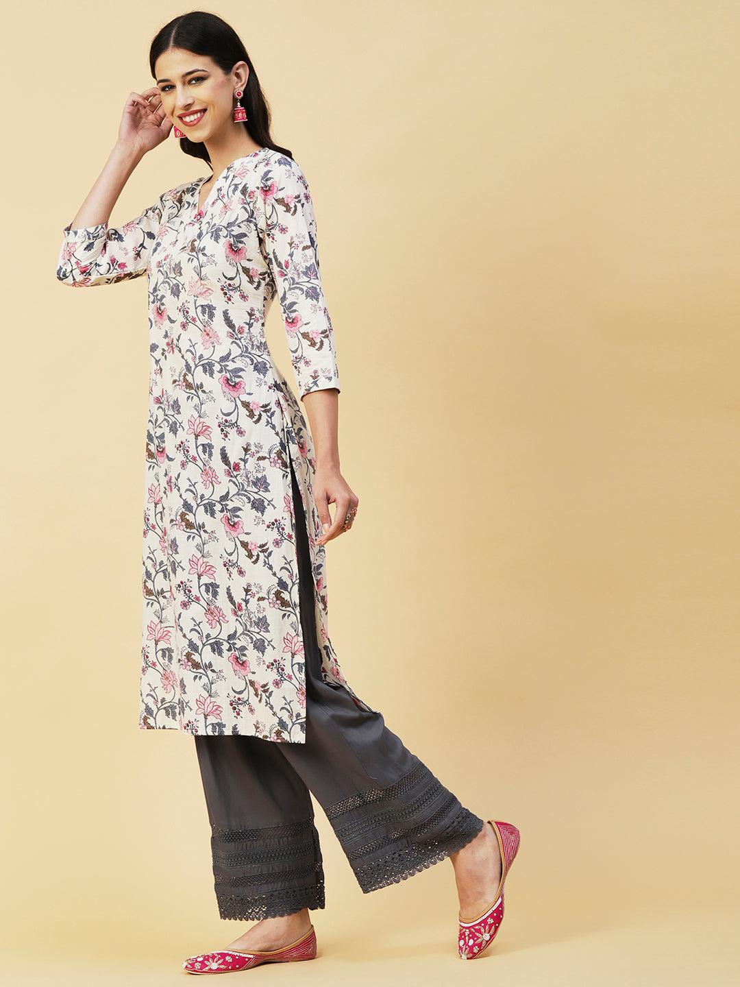 Floral Printed Mirror, Resham & Zari Embroidered Kurta - White - Indiakreations