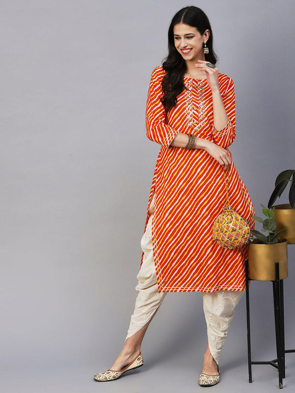 Lehriya Printed Mirror & Zari Hand Embroidered Kurta - Orange - Indiakreations