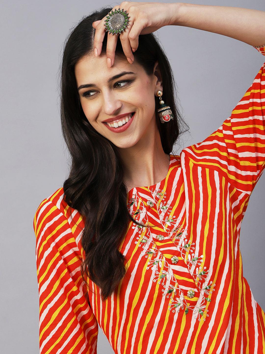 Lehriya Printed Mirror & Zari Hand Embroidered Kurta - Orange - Indiakreations