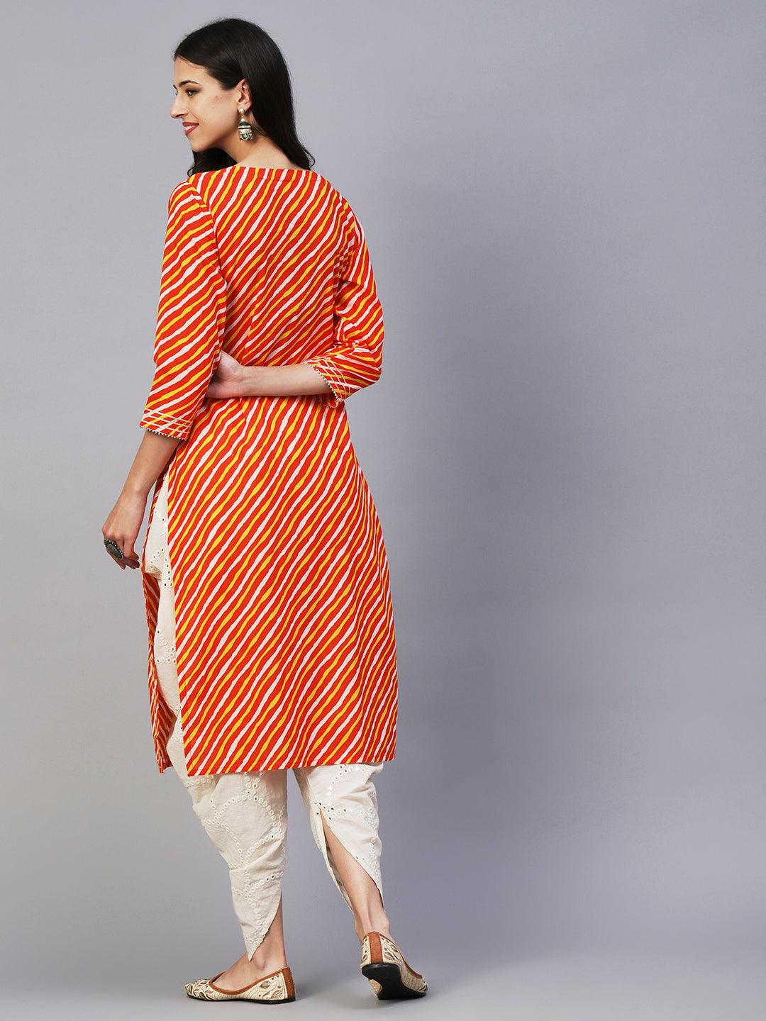 Lehriya Printed Mirror & Zari Hand Embroidered Kurta - Orange - Indiakreations