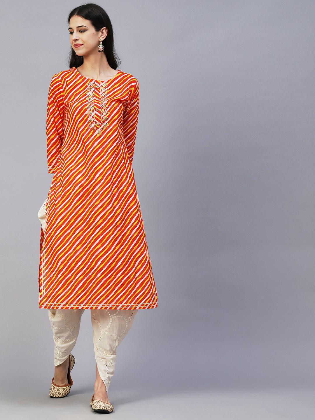 Lehriya Printed Mirror & Zari Hand Embroidered Kurta - Orange - Indiakreations