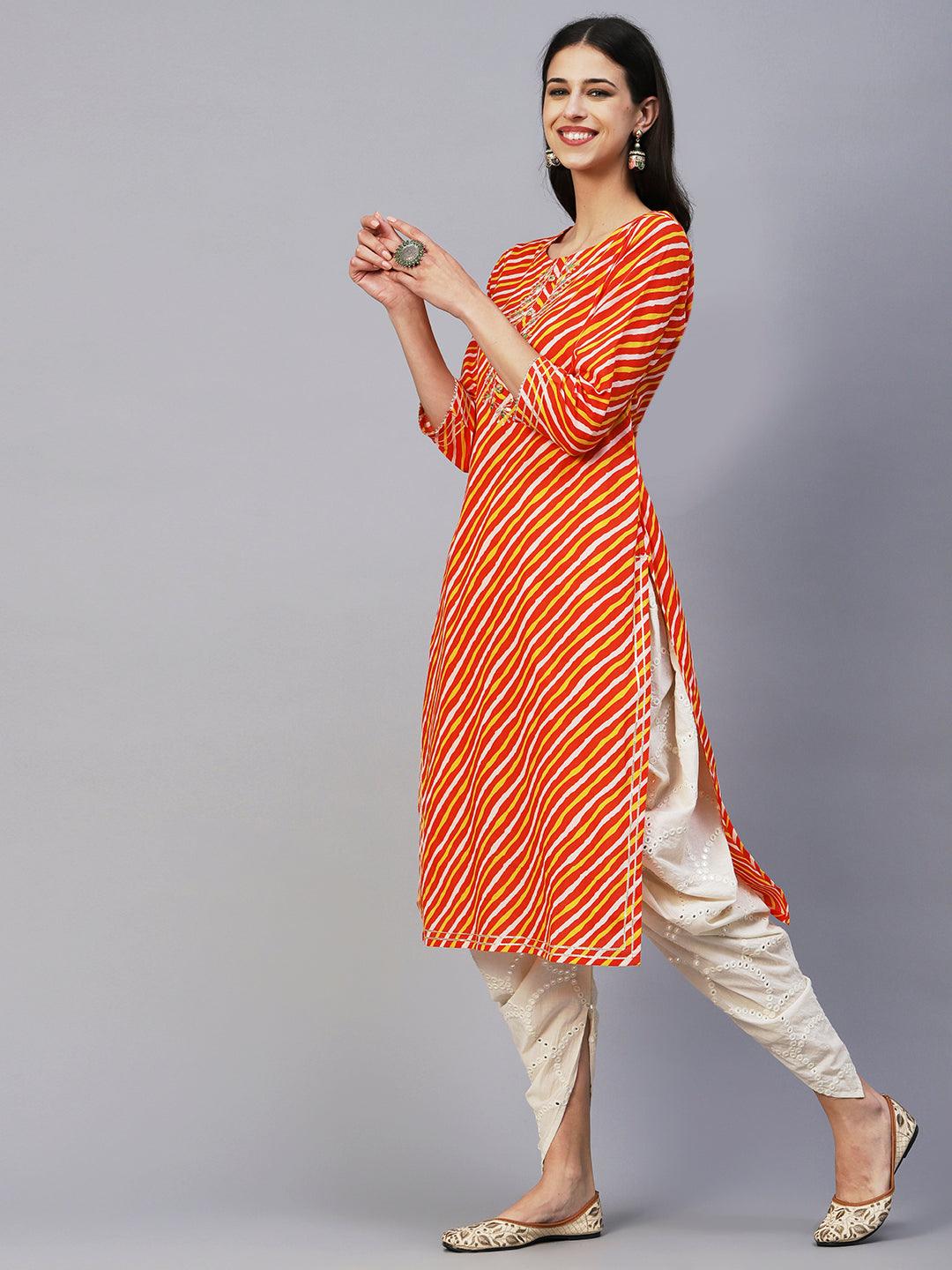 Lehriya Printed Mirror & Zari Hand Embroidered Kurta - Orange - Indiakreations