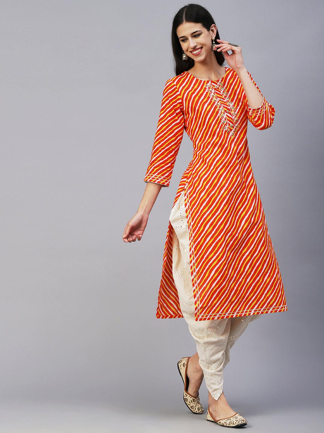 Lehriya Printed Mirror & Zari Hand Embroidered Kurta - Orange - Indiakreations