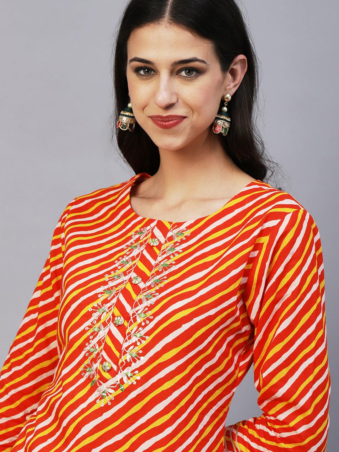 Lehriya Printed Mirror & Zari Hand Embroidered Kurta - Orange - Indiakreations