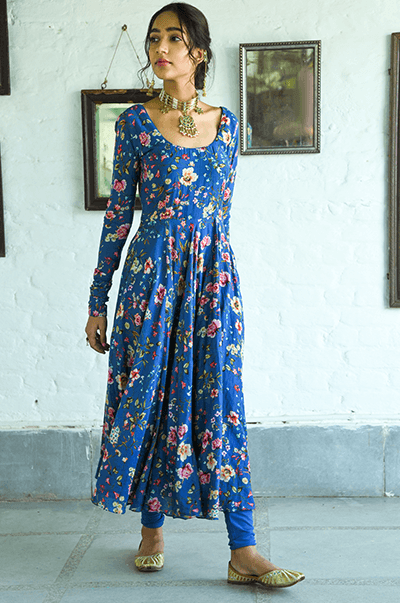 Bhanvara Persian Blue printed Anarkali with chooridar and dupatta - set of 3 RTS - Indiakreations