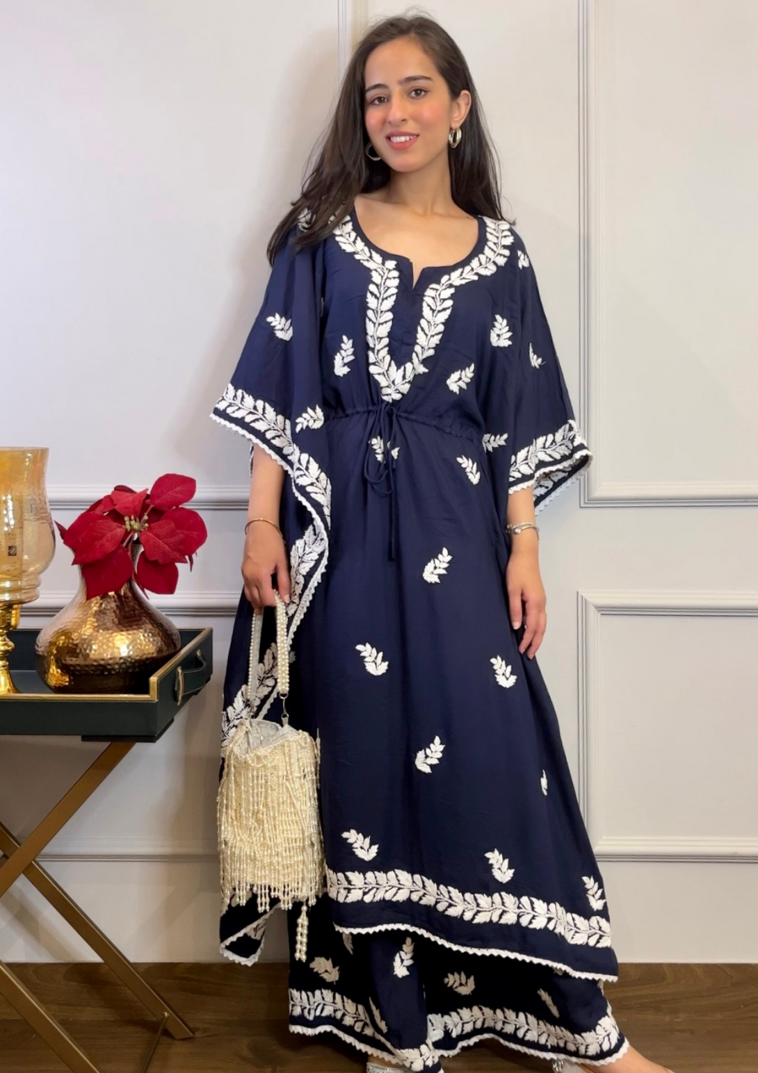 Afreen kaftan set with Chikankari embroidery and modal cotton in navy blue colour