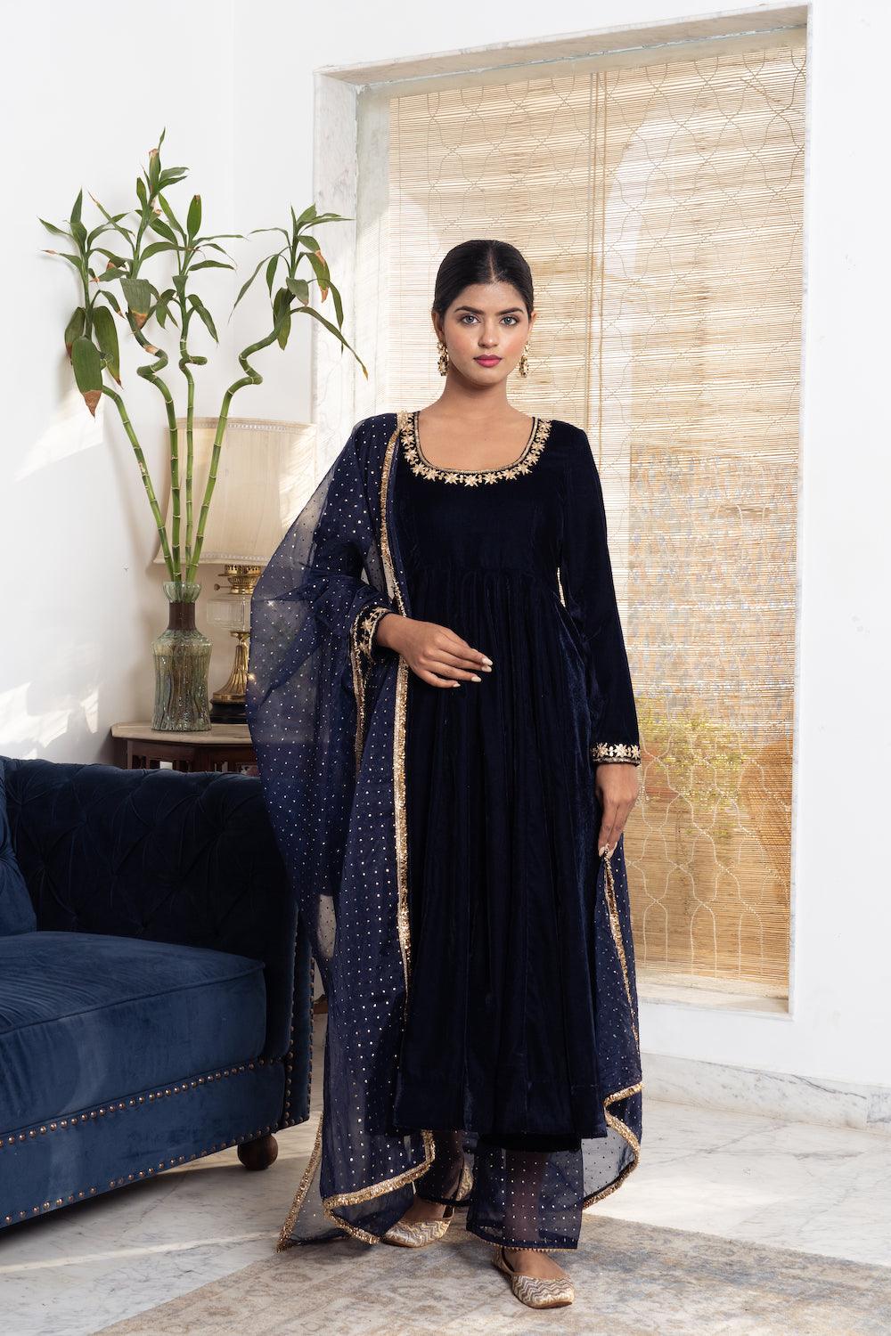 Khwabidah Navy Blue Anarkali Set of 3 - Indiakreations