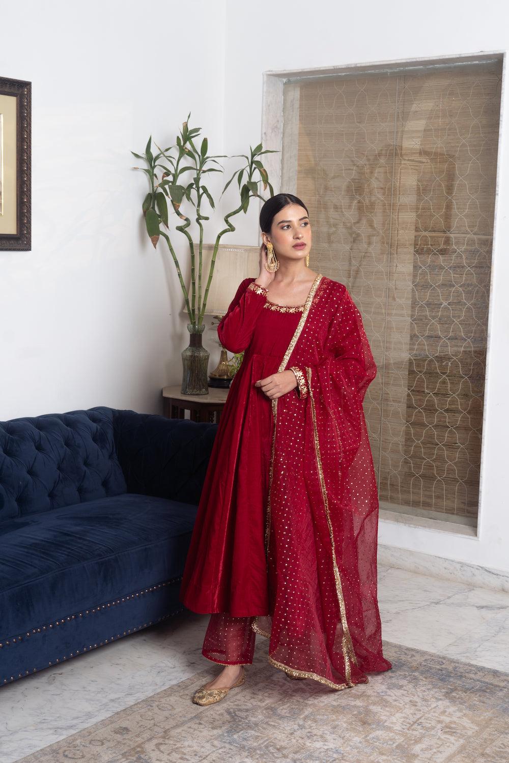 Khwabidah Maroon Anarkali Set of 3 - Indiakreations