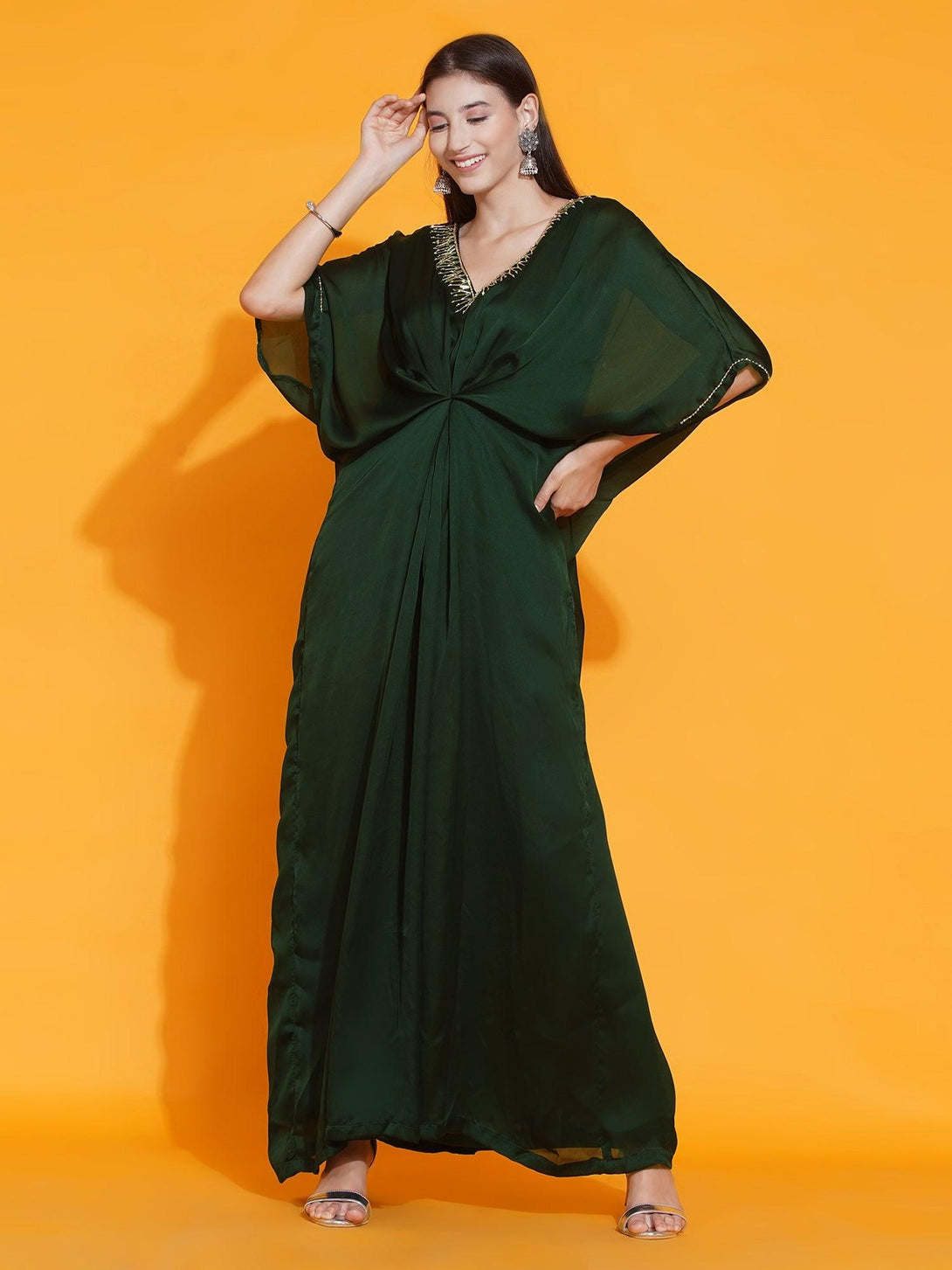 Women's Green Georgette Hand Embellished Kaftan Style Gown - Women Republic - Indiakreations