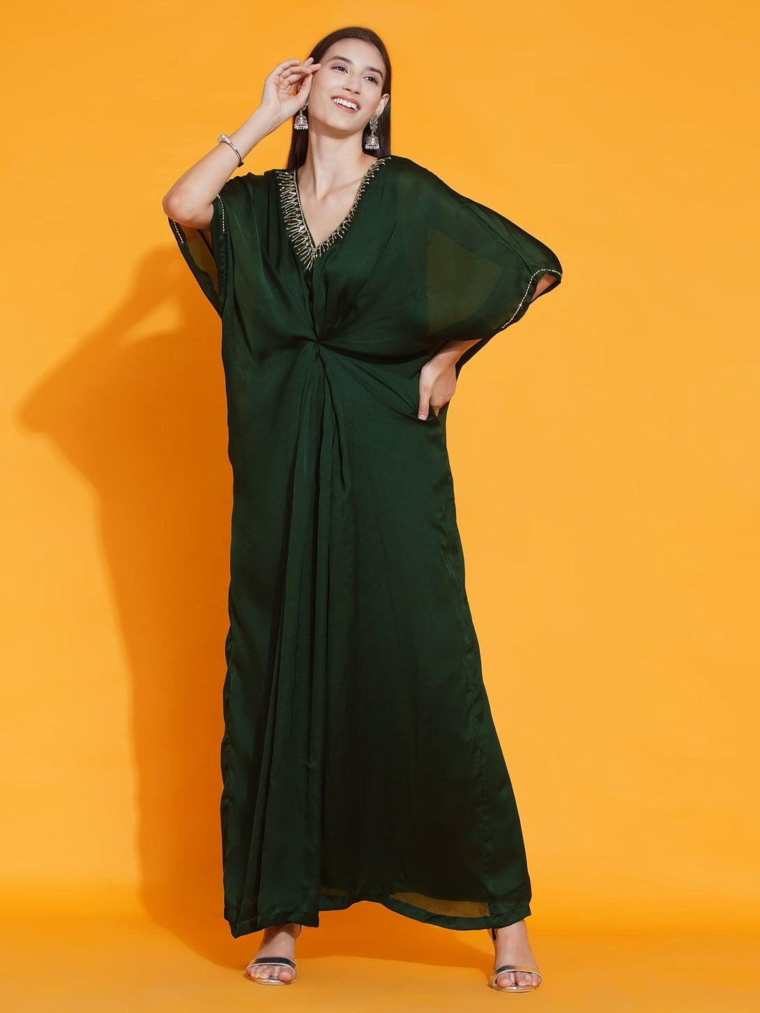 Women's Green Georgette Hand Embellished Kaftan Style Gown - Women Republic - Indiakreations