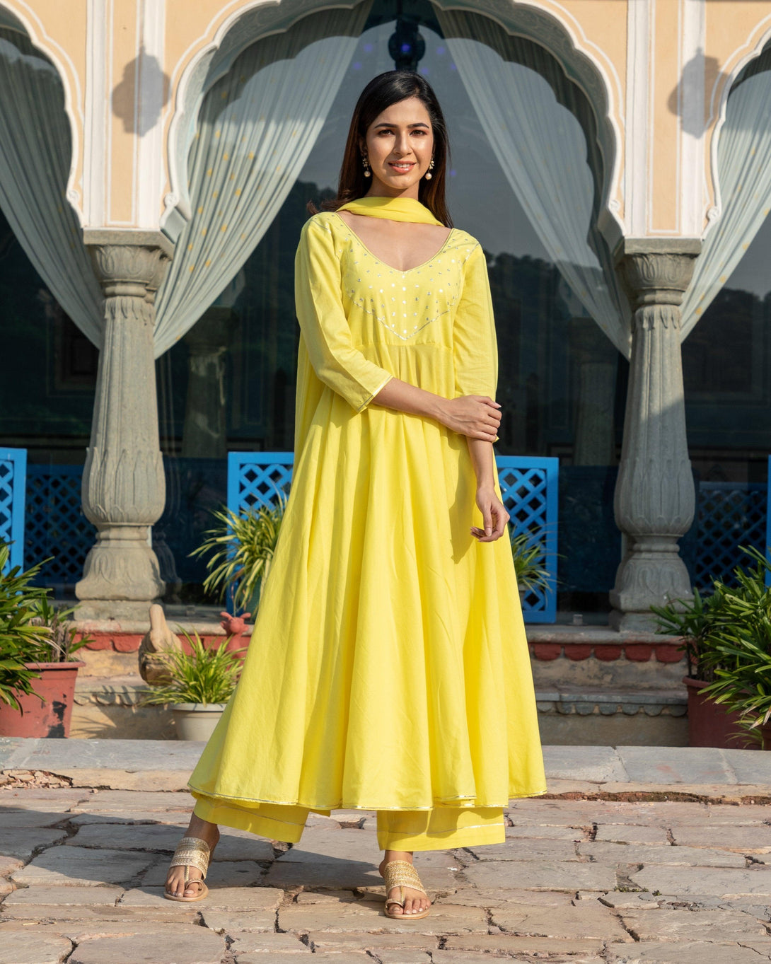 Women's Yellow Silver Embroidery Dress Set - Baisacrafts - Indiakreations