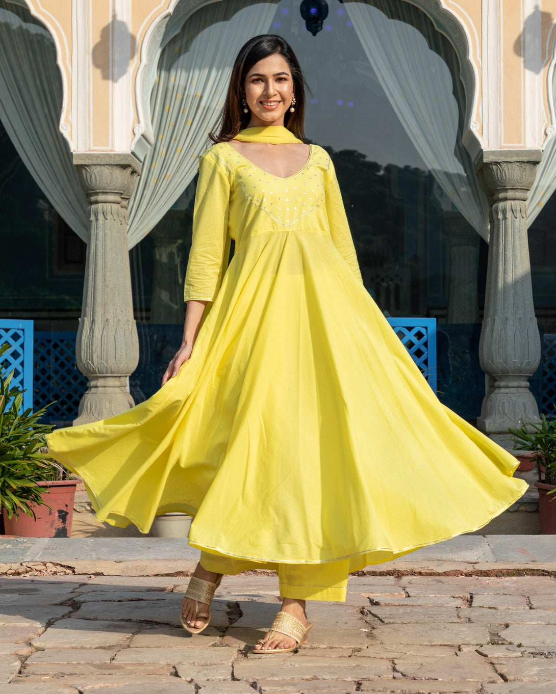 Women's Yellow Silver Embroidery Dress Set - Baisacrafts - Indiakreations