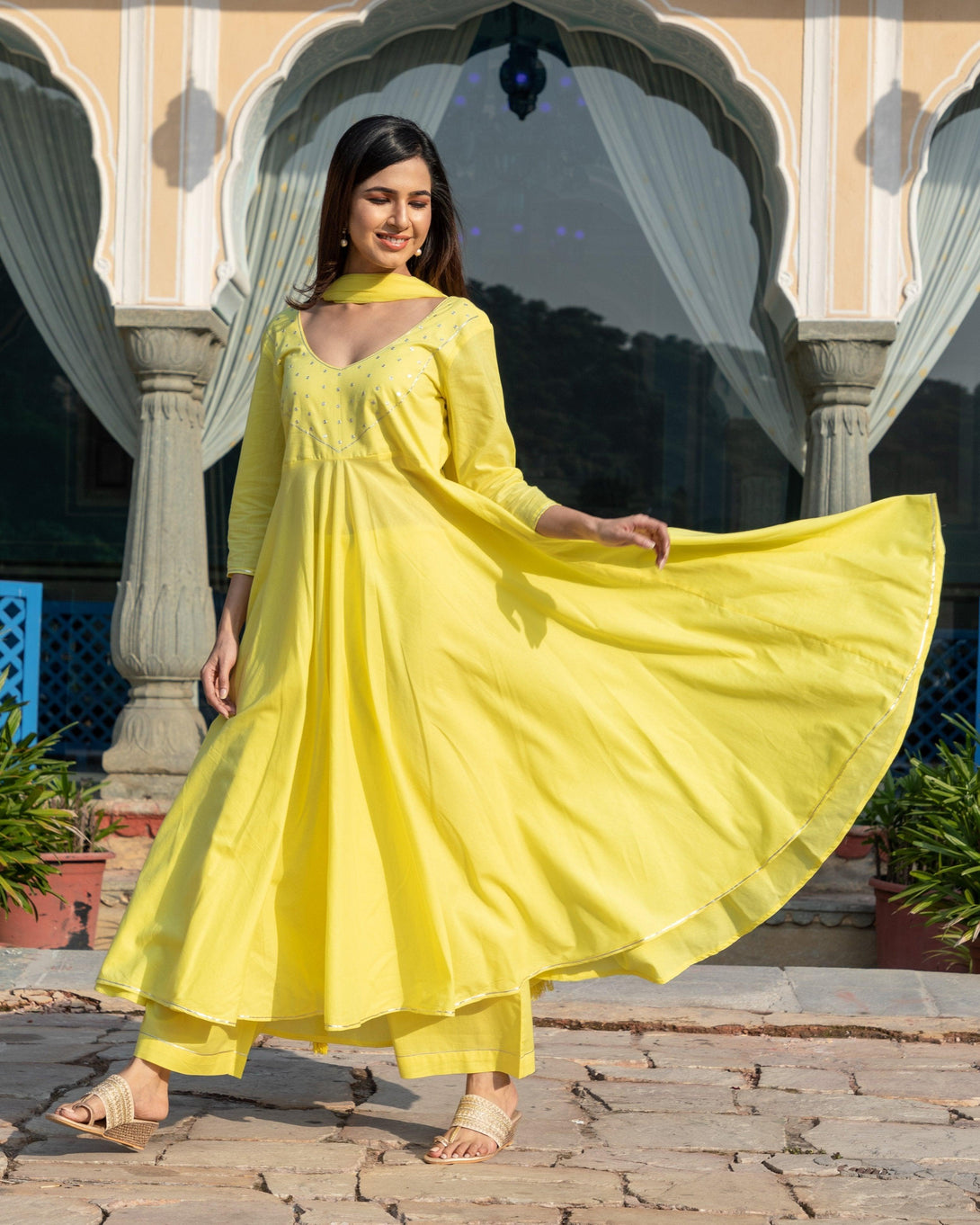 Women's Yellow Silver Embroidery Dress Set - Baisacrafts - Indiakreations