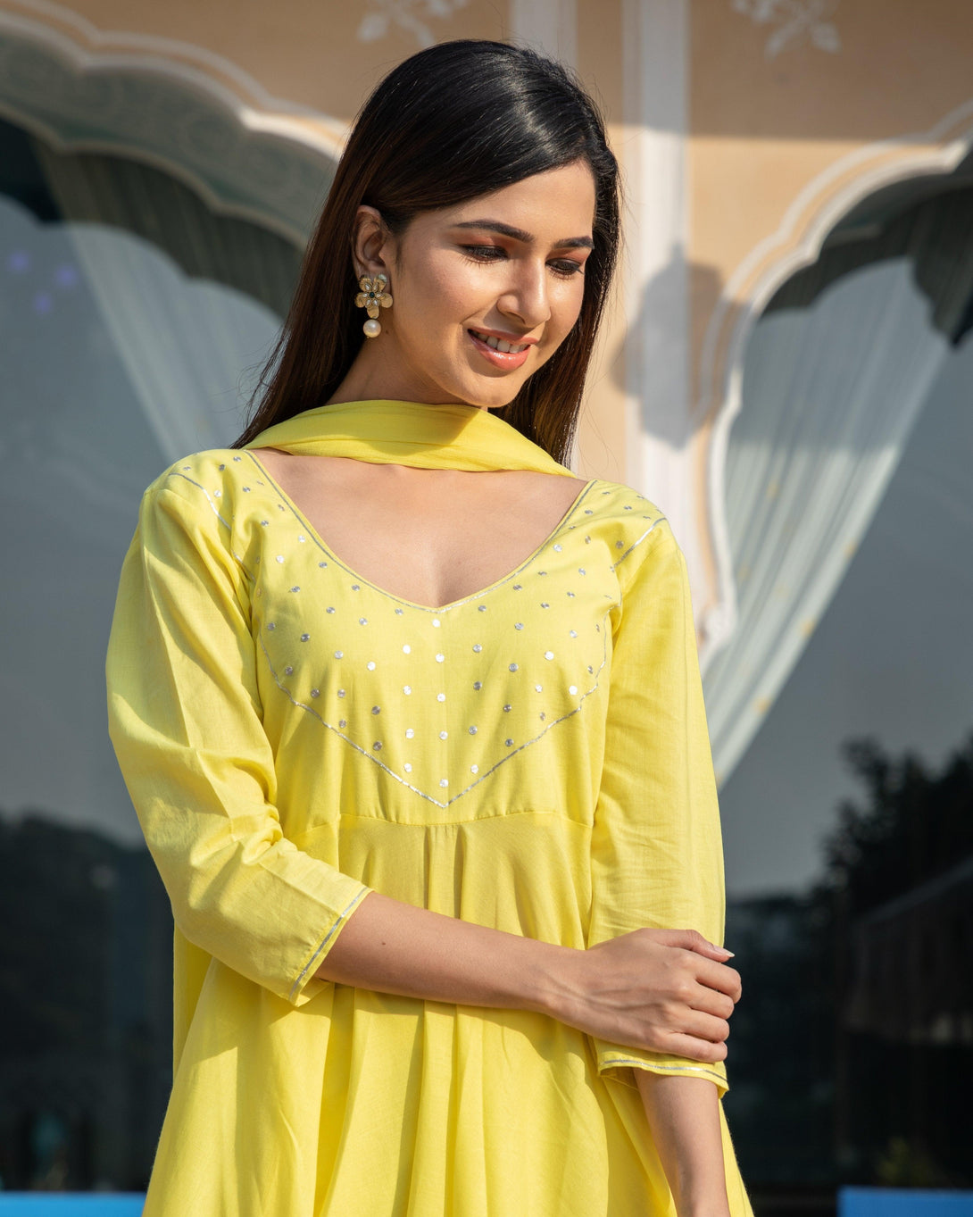 Women's Yellow Silver Embroidery Dress Set - Baisacrafts - Indiakreations