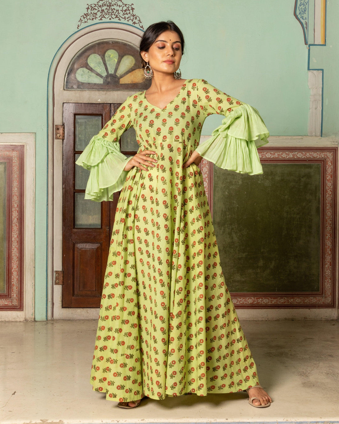 Women's Pista Block Butti Print Dress - Baisacrafts - Indiakreations