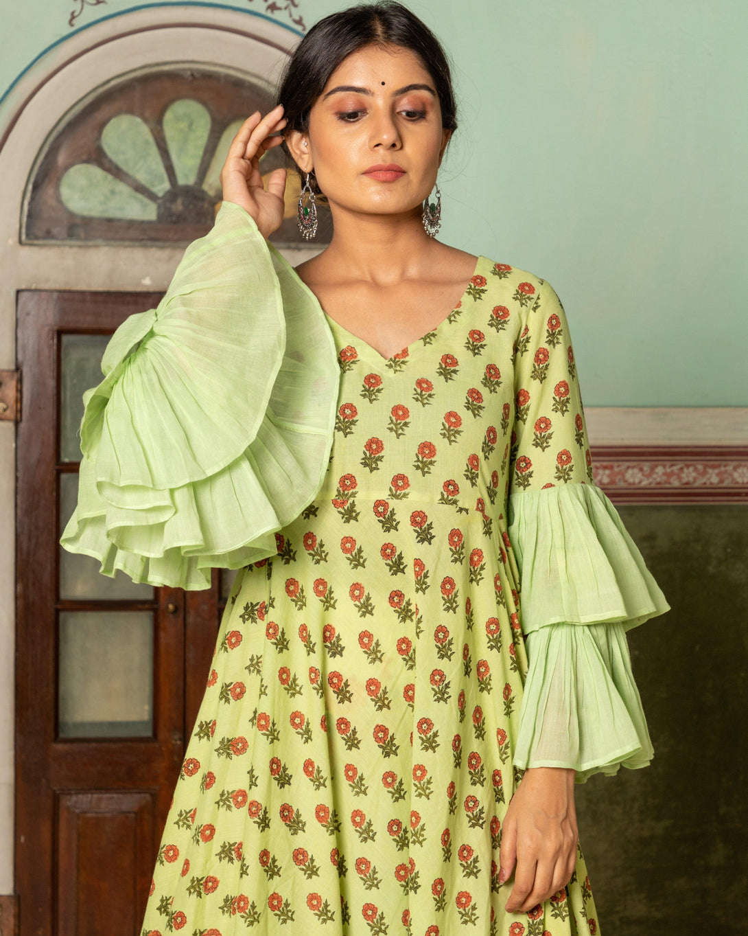 Women's Pista Block Butti Print Dress - Baisacrafts - Indiakreations