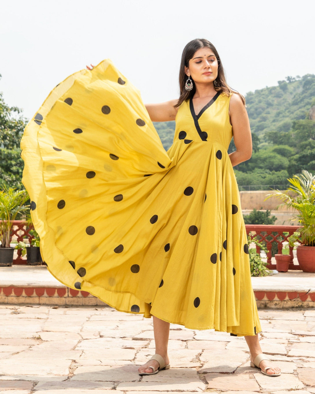 Women's Yellow Polka Dot Anghrakha Dress - Baisacrafts - Indiakreations